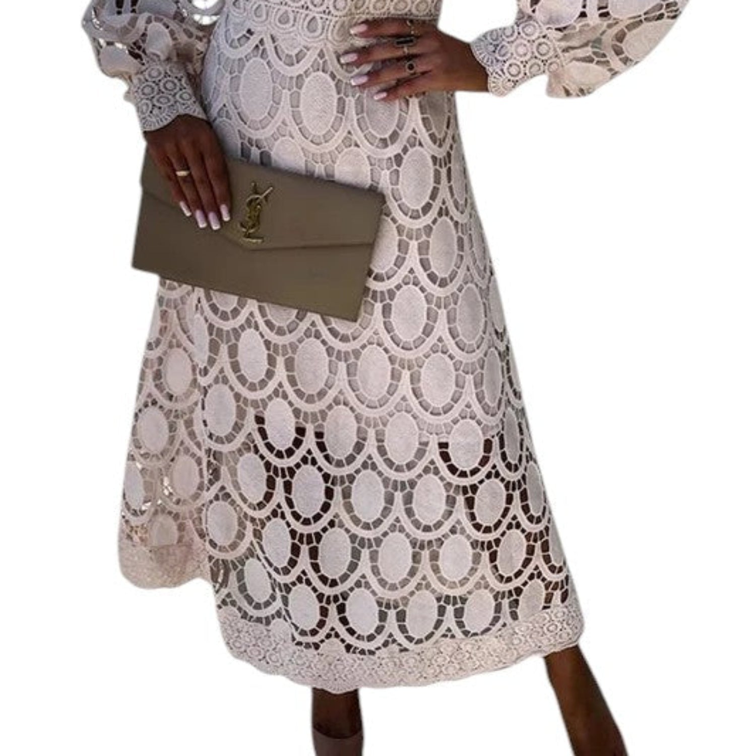 Midi Dress Women Lace High Neck Puff Sleeves Elegant Occasions - Hudson Harper - Midi Dresses