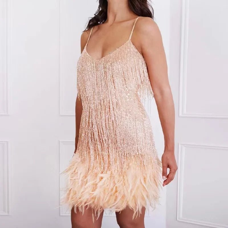 Mini Dress Women Sequined Surface with Feather Detail Design Feature - Hudson Harper - Women Dress
