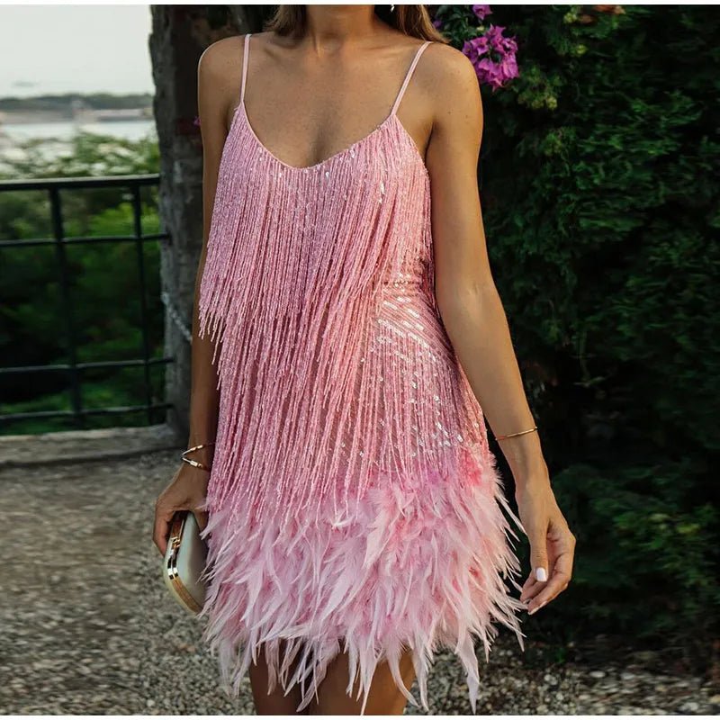 Mini Dress Women Sequined Surface with Feather Detail Design Feature - Hudson Harper - Women Dress