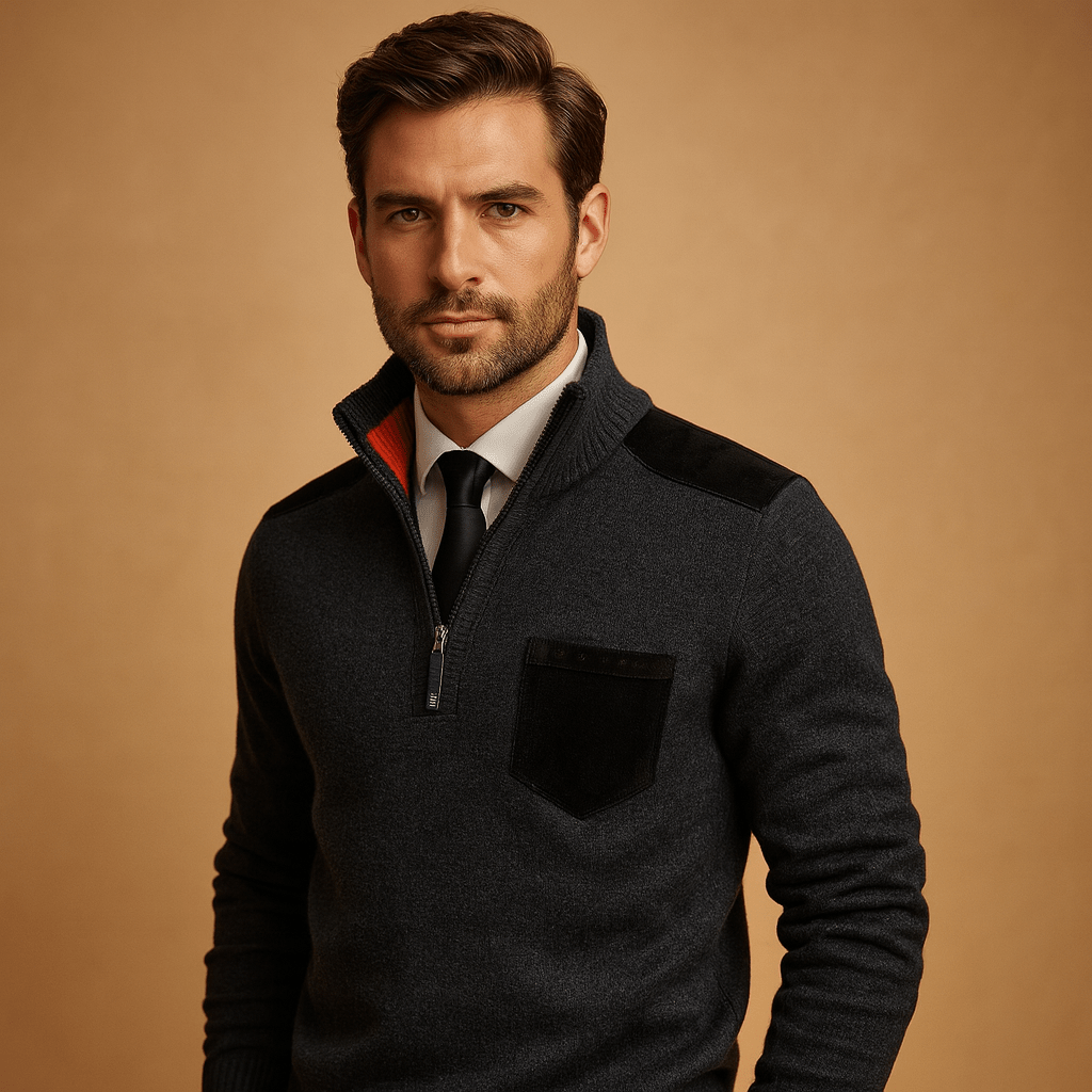Pullover Sweater Men Half Zip Collared Design with Chest Pocket - Hudson Harper - Men Sweaters