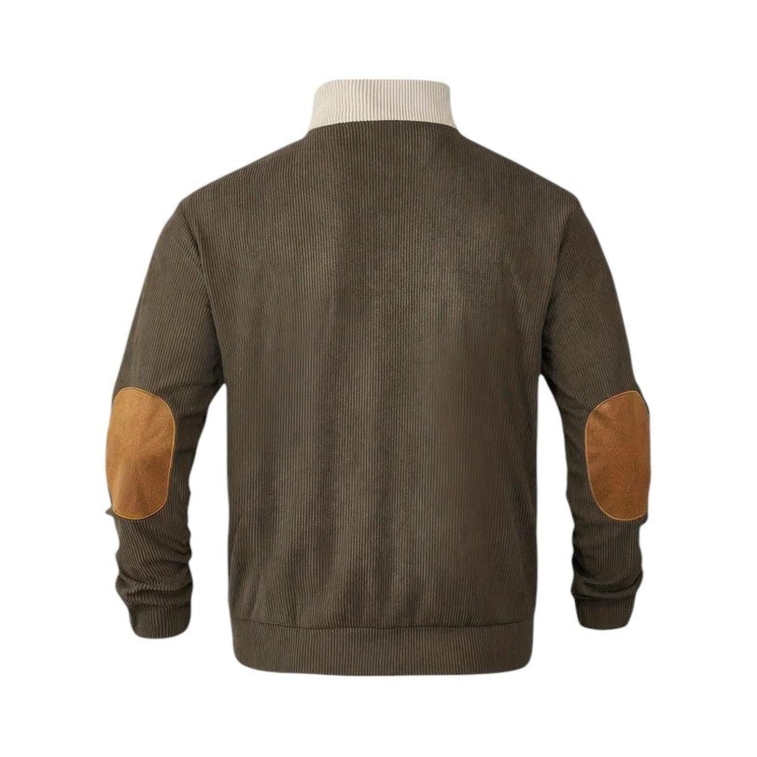 Pullover Sweater Men Ribbed Quarter Button Stand Collar Long Sleeve Elbow Patches - Hudson Harper - Sweatshirts