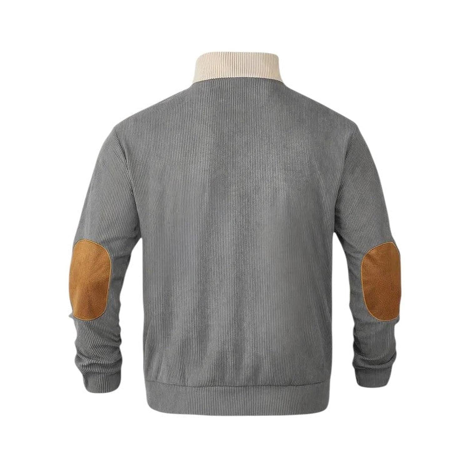 Pullover Sweater Men Ribbed Quarter Button Stand Collar Long Sleeve Elbow Patches - Hudson Harper - Sweatshirts