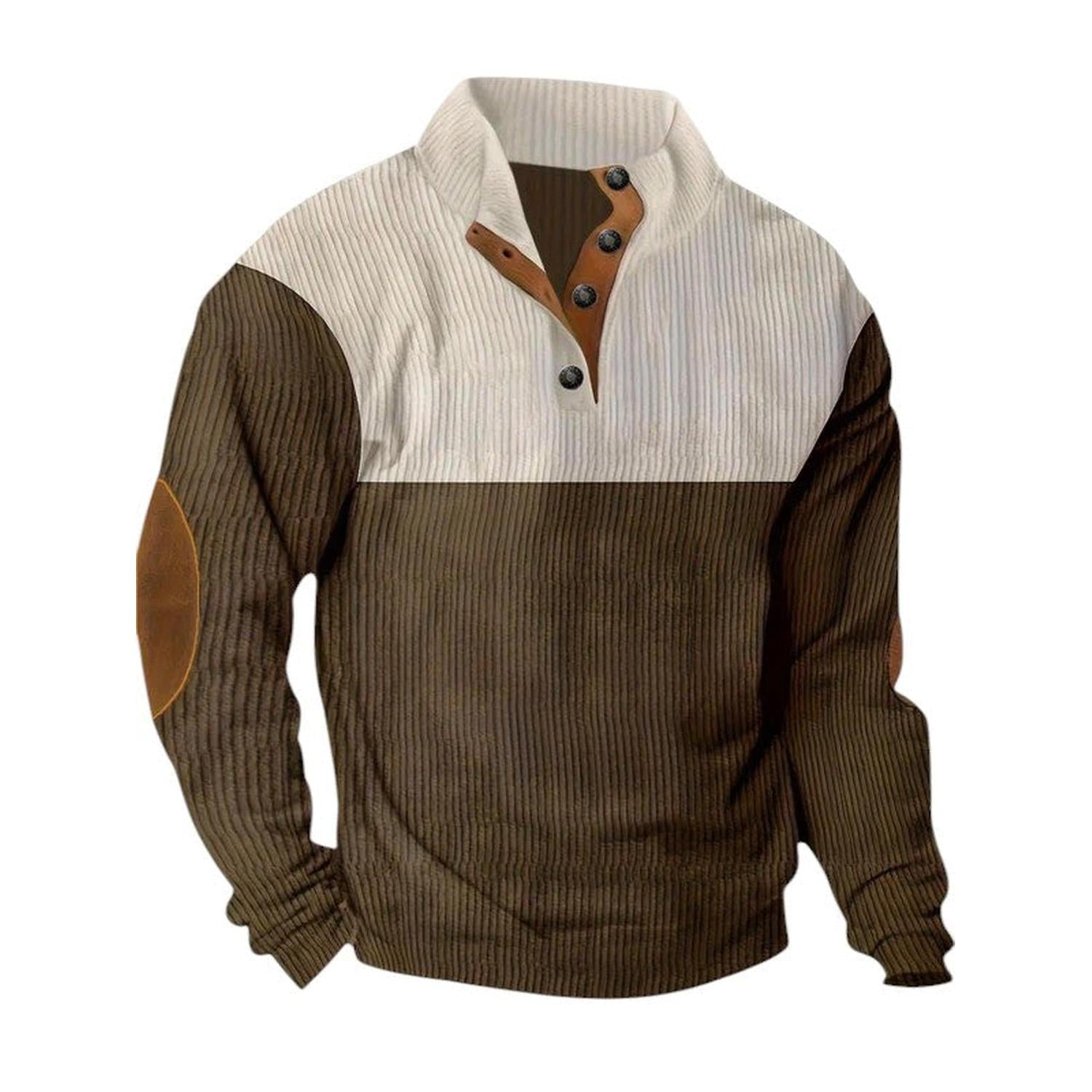 Pullover Sweater Men Ribbed Quarter Button Stand Collar Long Sleeve Elbow Patches - Hudson Harper - Sweatshirts