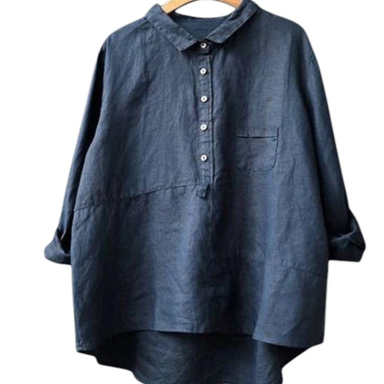 Shirt Women Cotton - Linen Long Sleeve Lapel Neck Relaxed Fit Solid Colour - Hudson Harper - Blouses