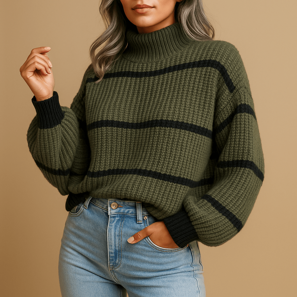 Sweater Women High Neck Long Sleeve Striped Pattern Loose Fit Cut - Hudson Harper - Women Sweaters