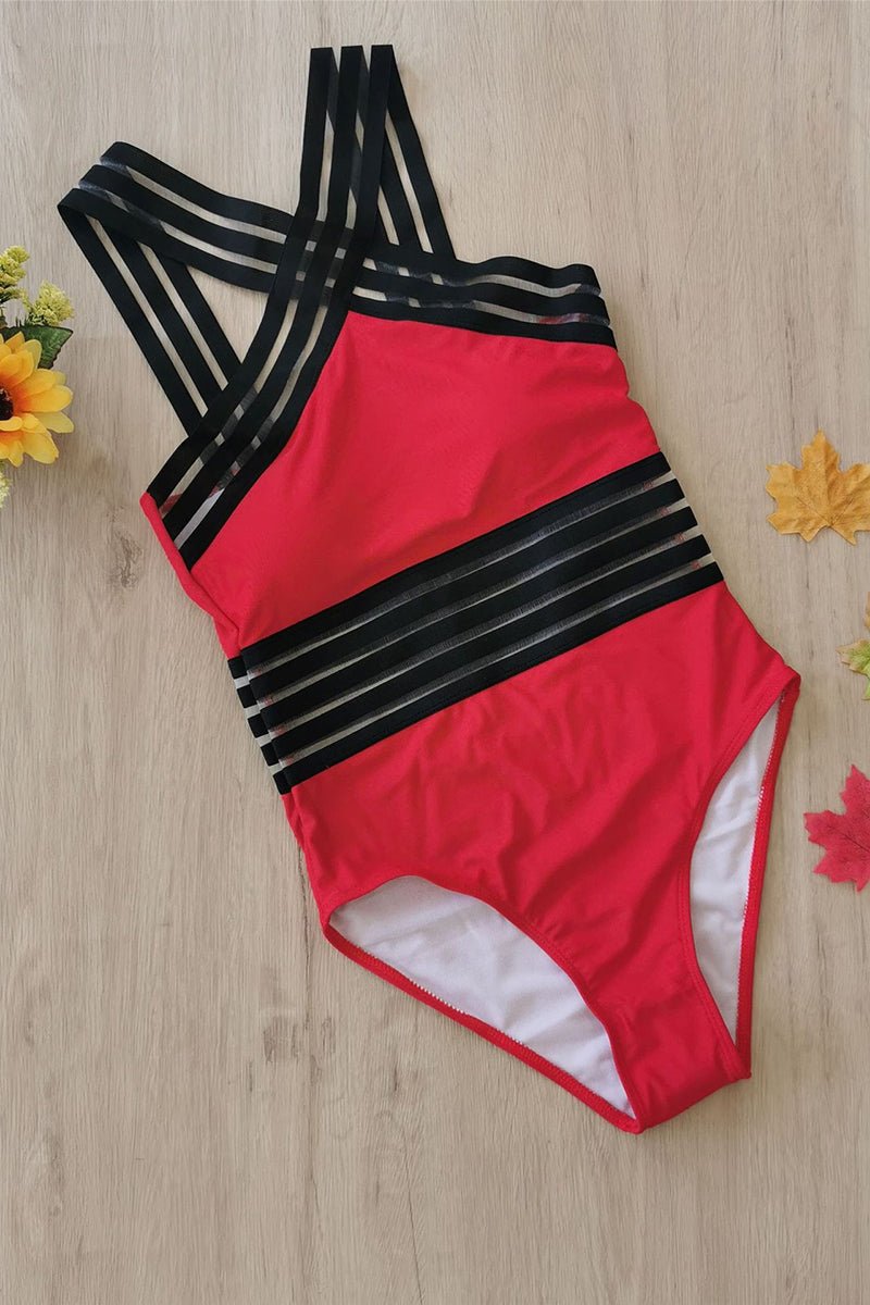 Swimsuit Women One Piece Halter Strappy Sheer Waist Panel - Hudson Harper - Women Swimsuit
