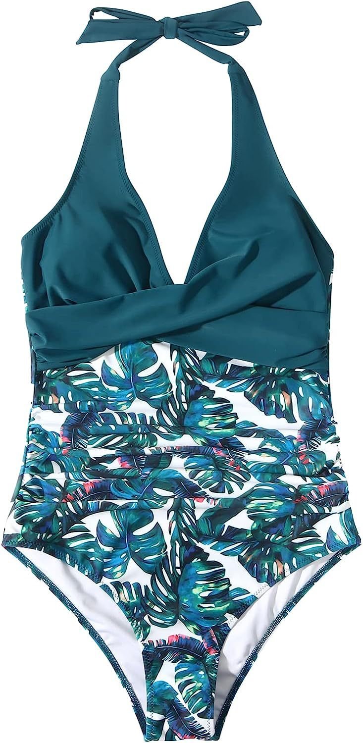 Swimsuit Women V Neck Halter Backless One Piece Ruched Waist - Hudson Harper - Women Swimsuit