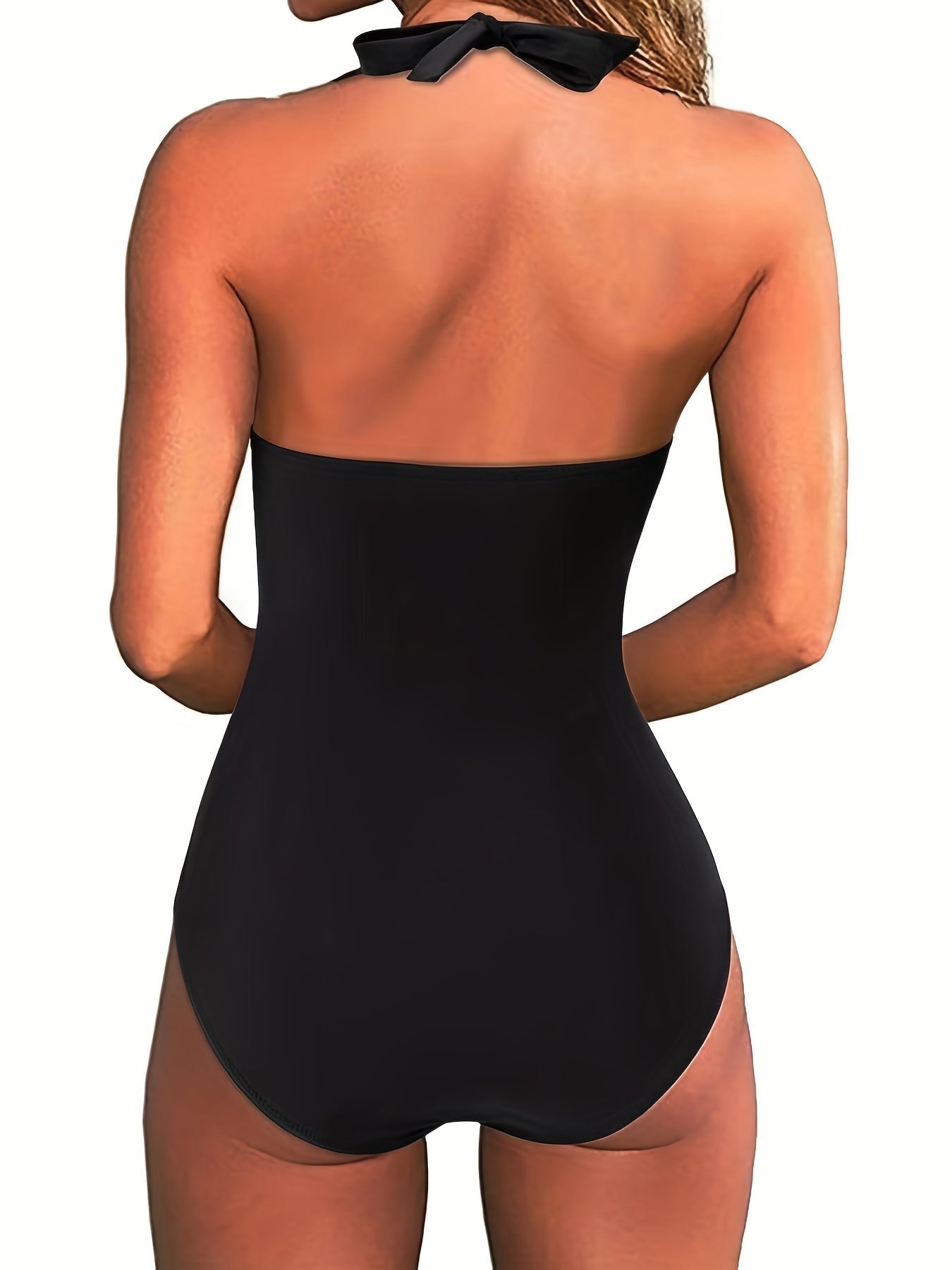 Swimsuit Women V Neck Halter Backless One Piece Ruched Waist - Hudson Harper - Women Swimsuit