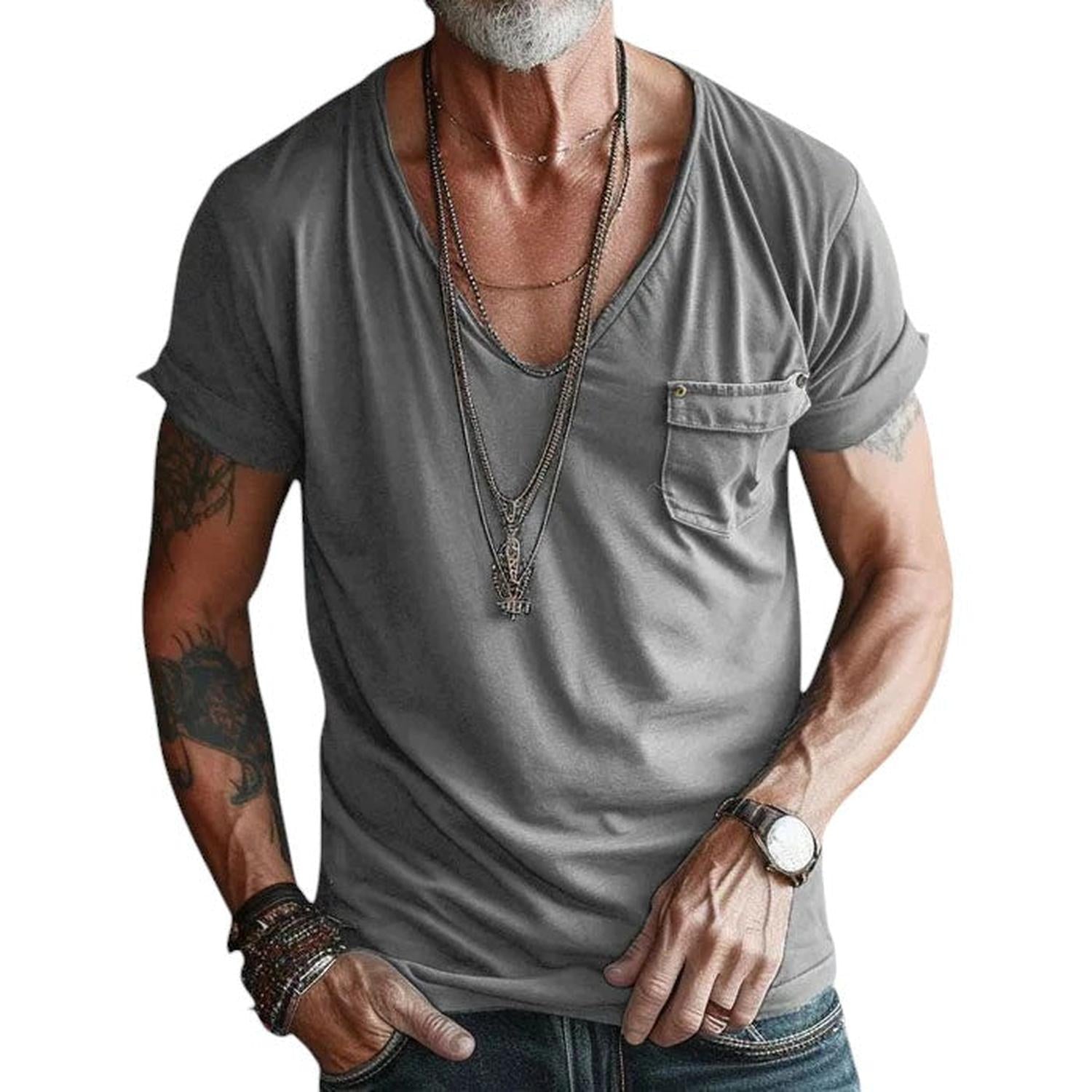 T-Shirt Men V - Neck Short Sleeve Rolled Cuffs Chest Pocket Casual Fit - Hudson Harper - Tops