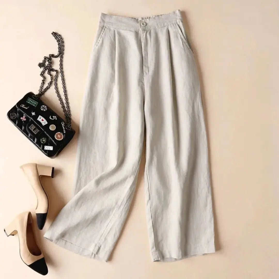Trousers Women Linen High Waist Wide Leg Button Zip Closure - Hudson Harper - Women Pants