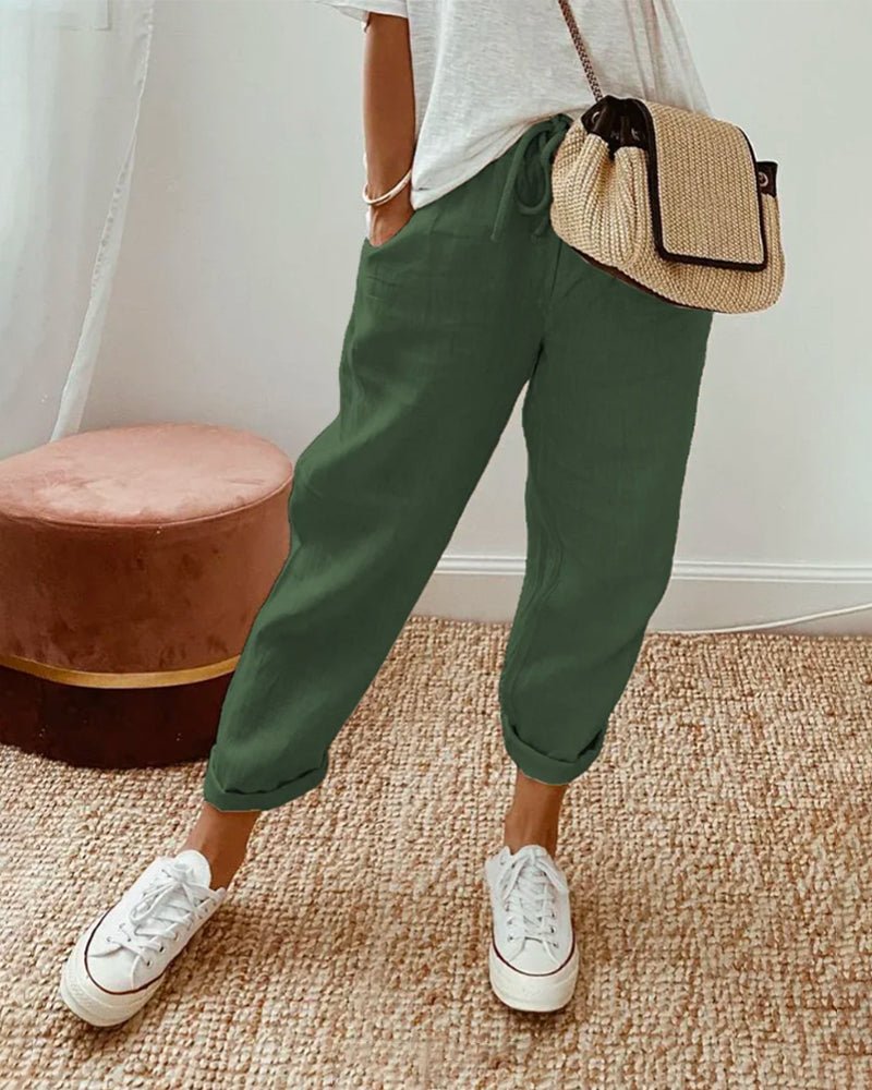 Trousers Women Linen Relaxed Fit Drawstring Waist Full Length - Hudson Harper - Women Pants