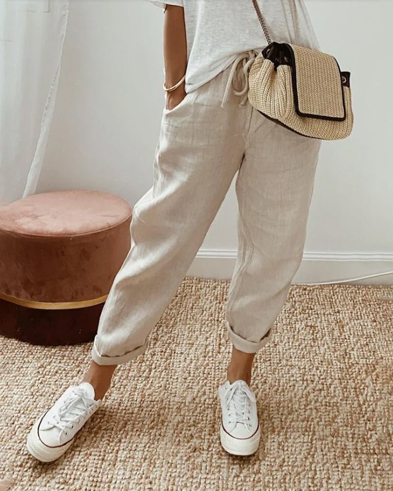 Trousers Women Linen Relaxed Fit Drawstring Waist Full Length - Hudson Harper - Women Pants