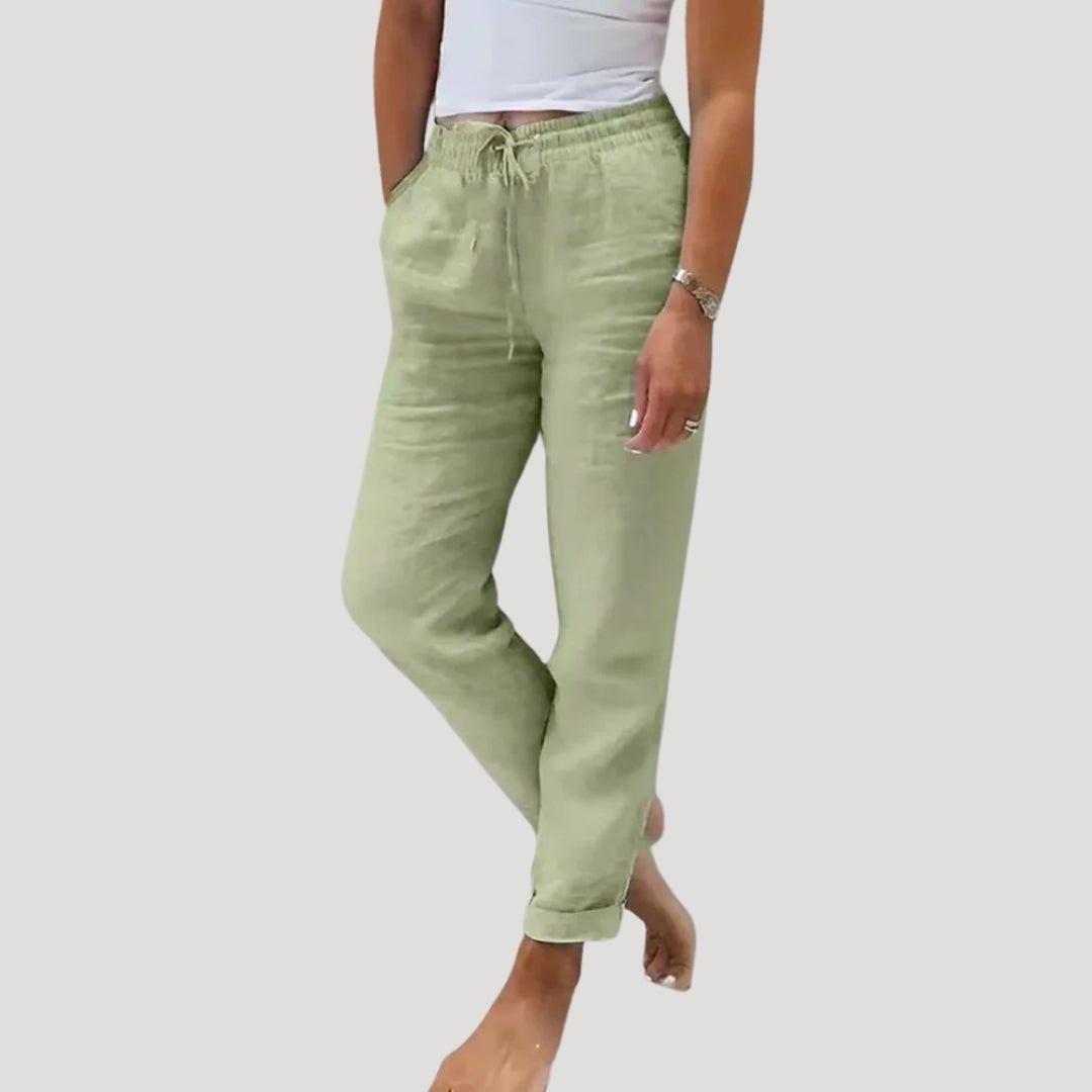 Trousers Women Linen Tapered Fit Elastic Drawstring Waistband - Hudson Harper - Women Pants