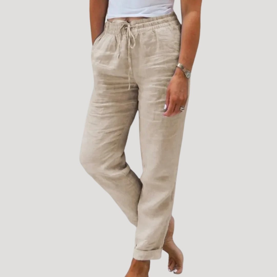 Trousers Women Linen Tapered Fit Elastic Drawstring Waistband - Hudson Harper - Women Pants