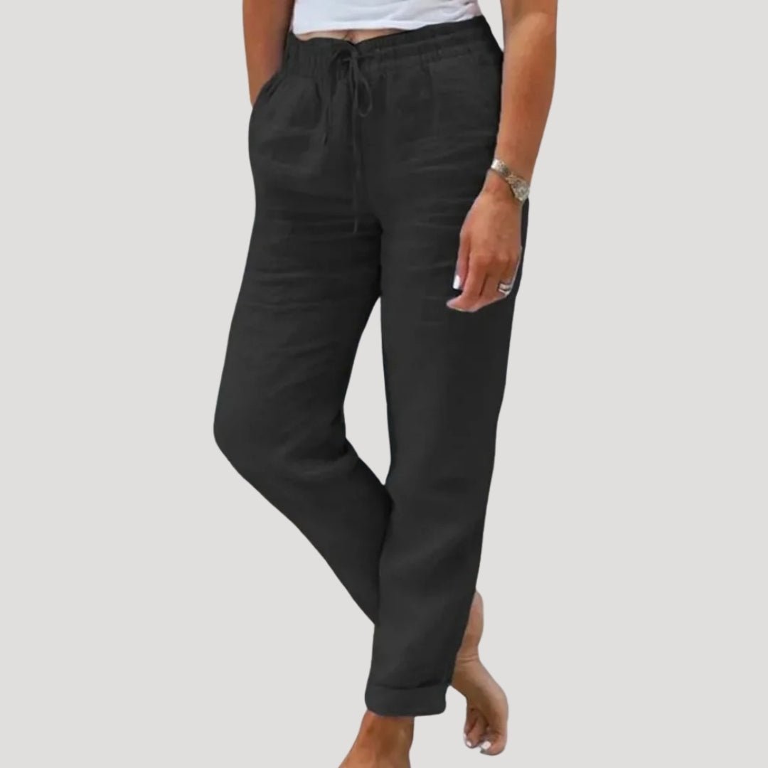 Trousers Women Linen Tapered Fit Elastic Drawstring Waistband - Hudson Harper - Women Pants