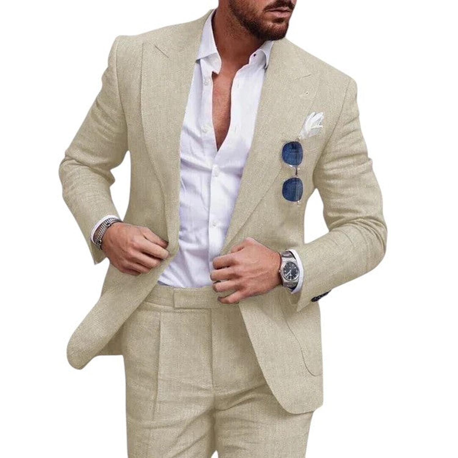 Wedding Suit Men Linen 2 - Piece Single - Breasted Summer Set - Hudson Harper - Suit Sets