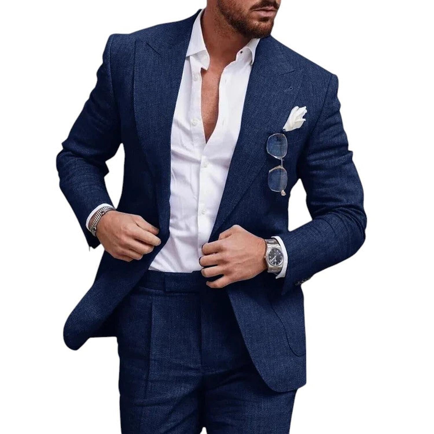 Wedding Suit Men Linen 2 - Piece Single - Breasted Summer Set - Hudson Harper - Suit Sets