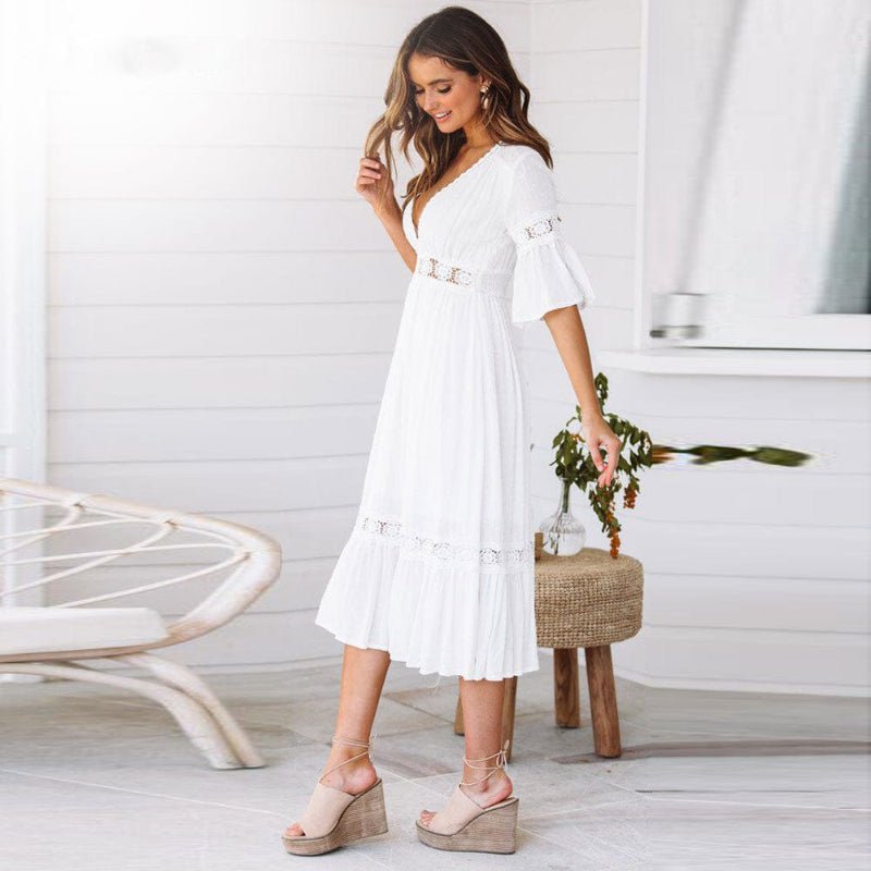 Women Dress Regular Fit V - Neck Mid - Length Clean Design - Hudson Harper - Women Midi Dress
