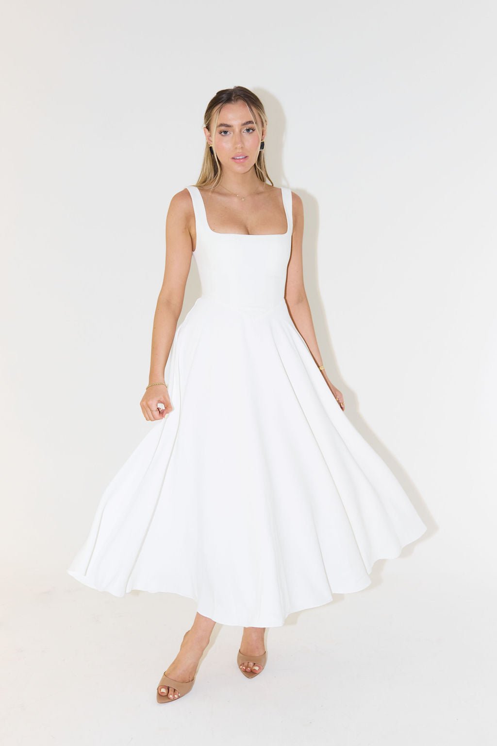 Women Dress Sleeveless V - Neck Pleated Knee Length Fit - Hudson Harper - Women Midi Dress