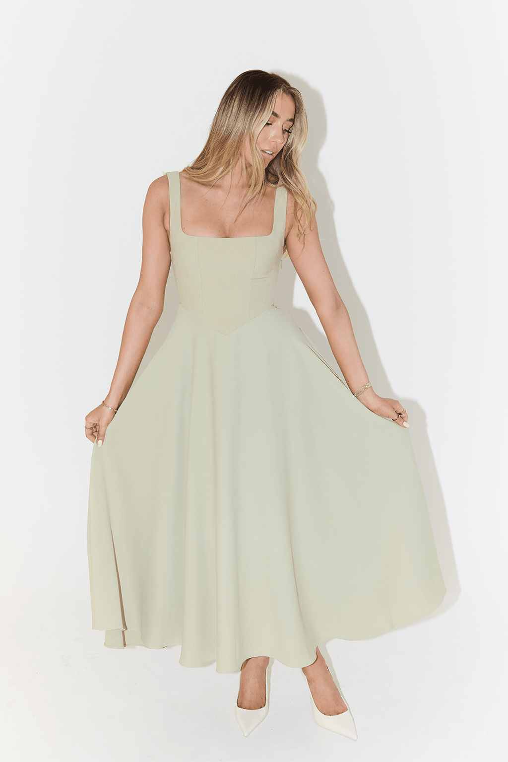 Women Dress Sleeveless V - Neck Pleated Knee Length Fit - Hudson Harper - Women Midi Dress