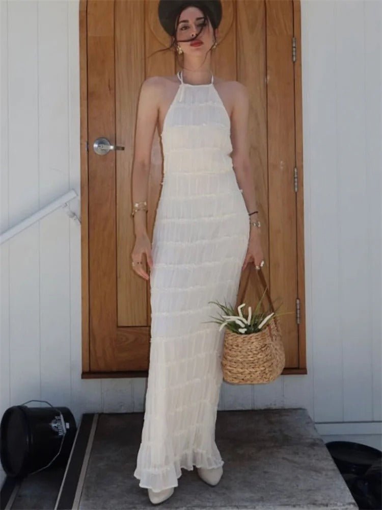 Women Maxi Dress Halter Neck Open Back Pleated Design - Hudson Harper - Women Maxi Dress