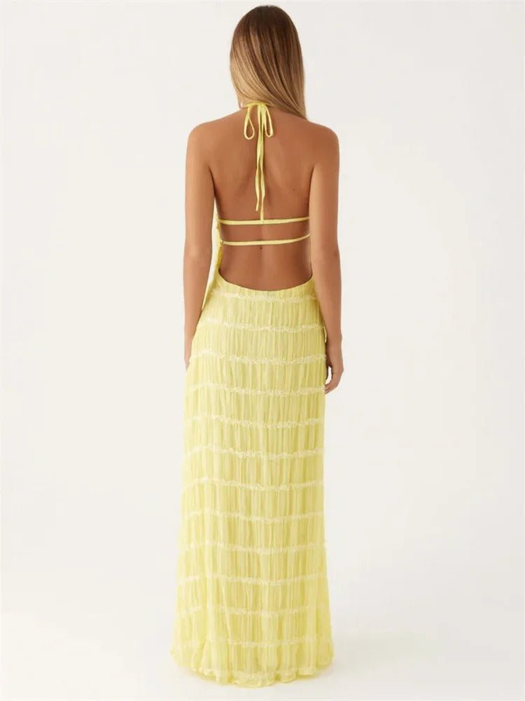 Women Maxi Dress Halter Neck Open Back Pleated Design - Hudson Harper - Women Maxi Dress