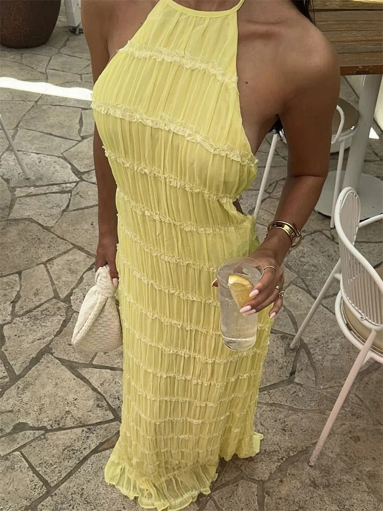 Women Maxi Dress Halter Neck Open Back Pleated Design - Hudson Harper - Women Maxi Dress