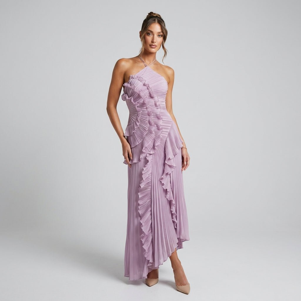 Women Maxi Dress Halter Neck Pleated Full Length Fit - Hudson Harper - Women Maxi Dress
