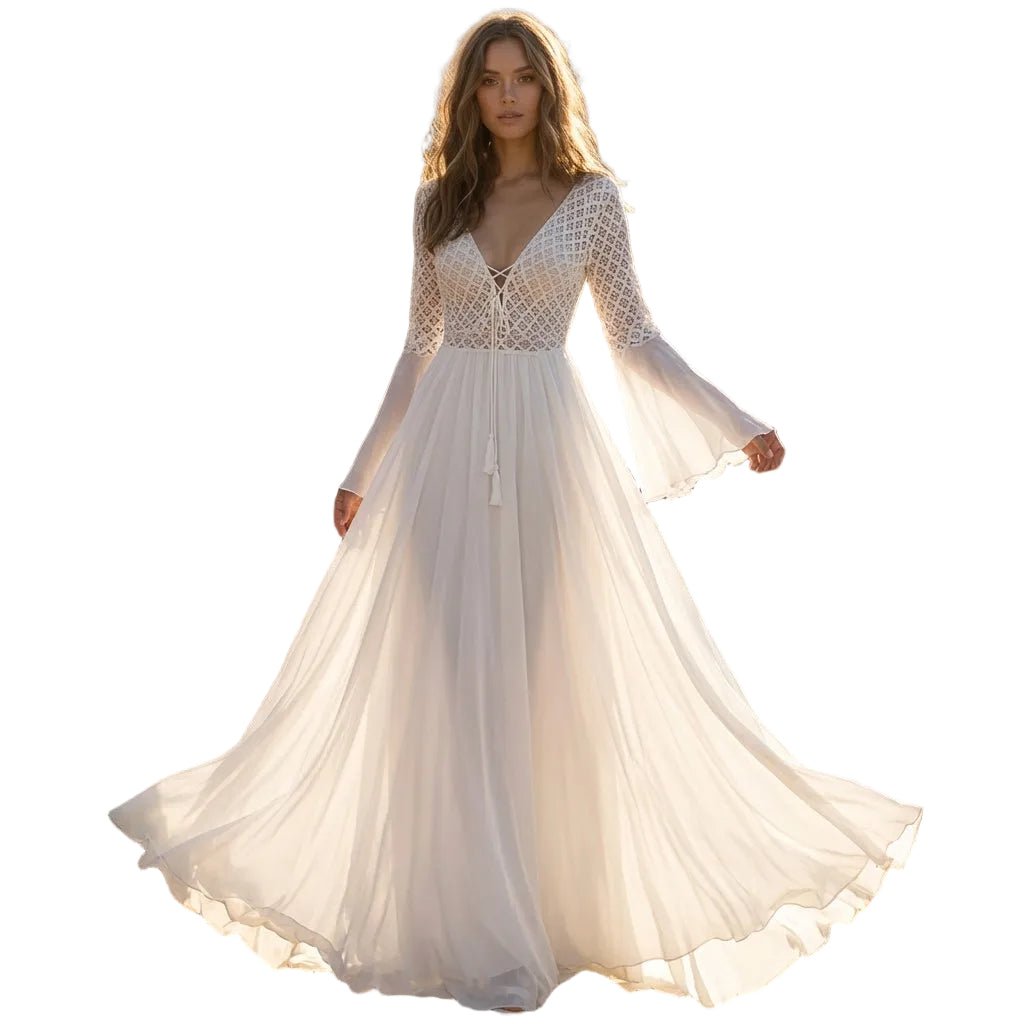 Women Maxi Dress Long Sleeve A - Line V - Neck Lace Up Fit - Hudson Harper - Women Maxi Dress