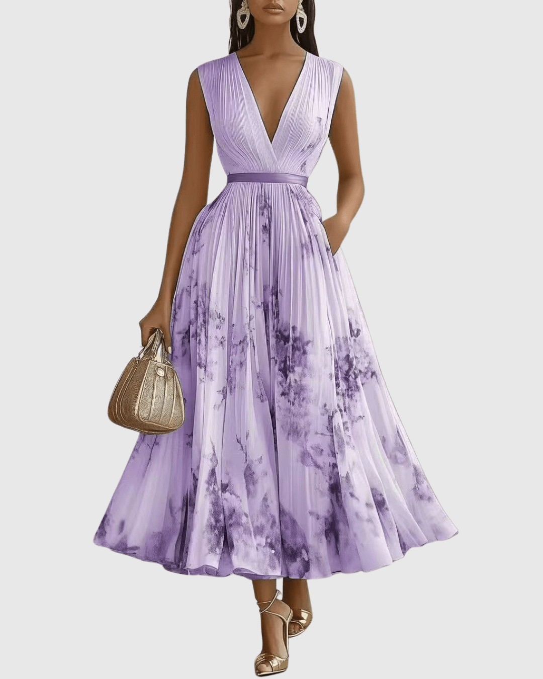 Women Maxi Dress Sleeveless V - Neck Pleated Bodice Fit - Hudson Harper - Women Maxi Dress