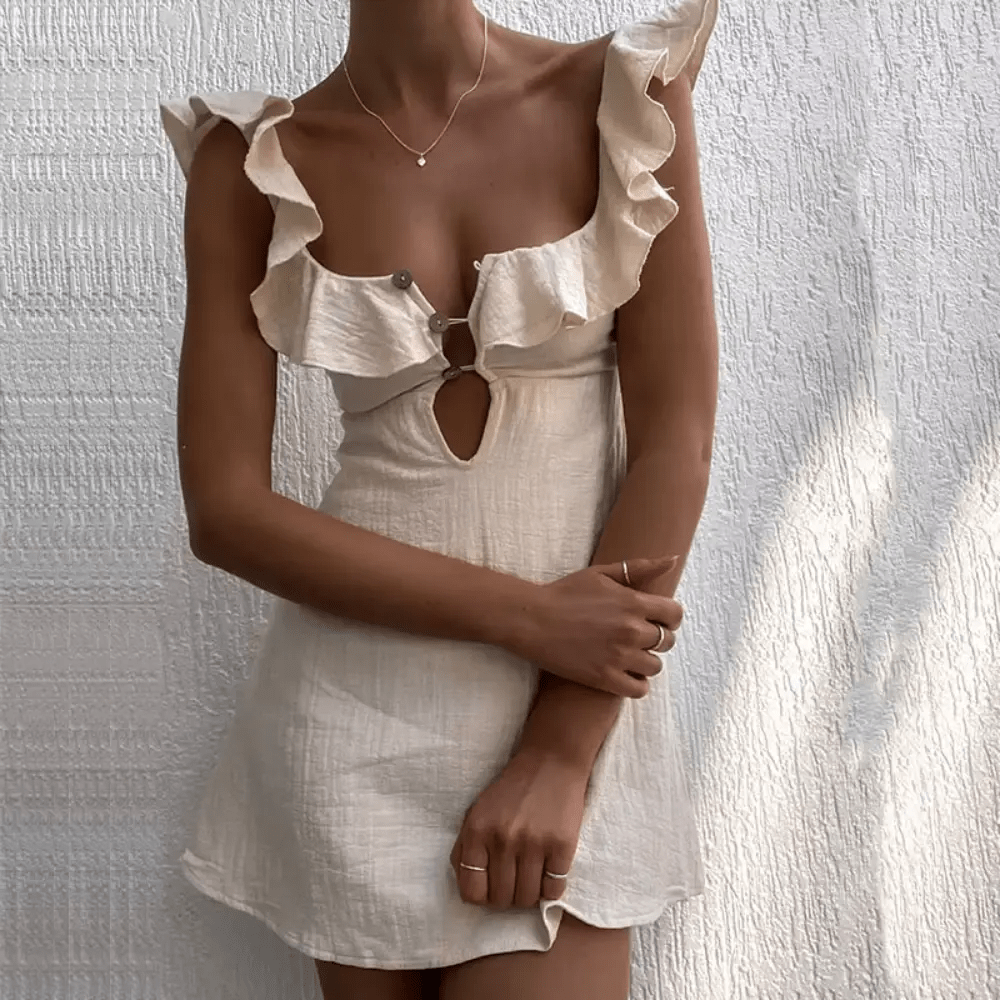 Women Mini Dress Linen V - Neck Spaghetti Straps Above Knee - Hudson Harper - Women Mini Dress