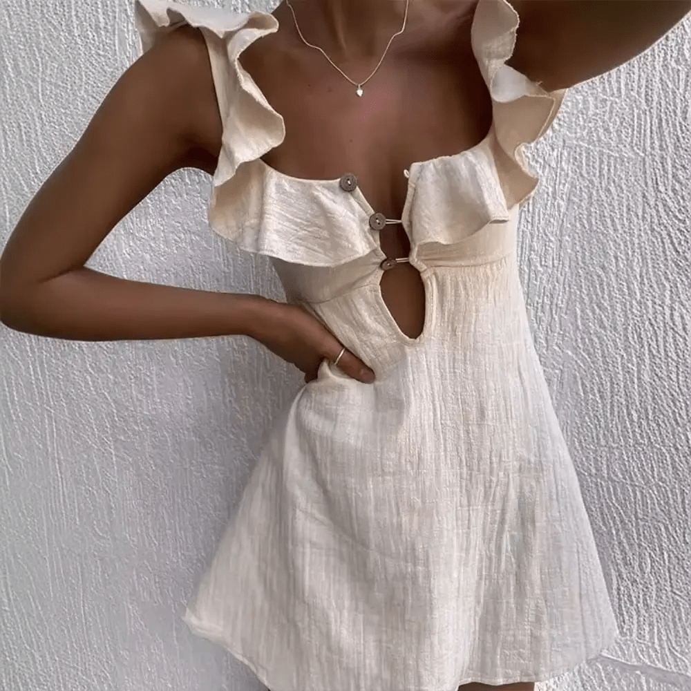 Women Mini Dress Linen V - Neck Spaghetti Straps Above Knee - Hudson Harper - Women Mini Dress