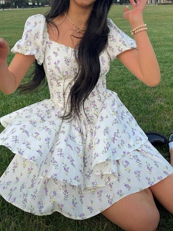 Women Mini Dress Sweetheart Neck Puff Sleeves Short Fit - Hudson Harper - Women Mini Dress