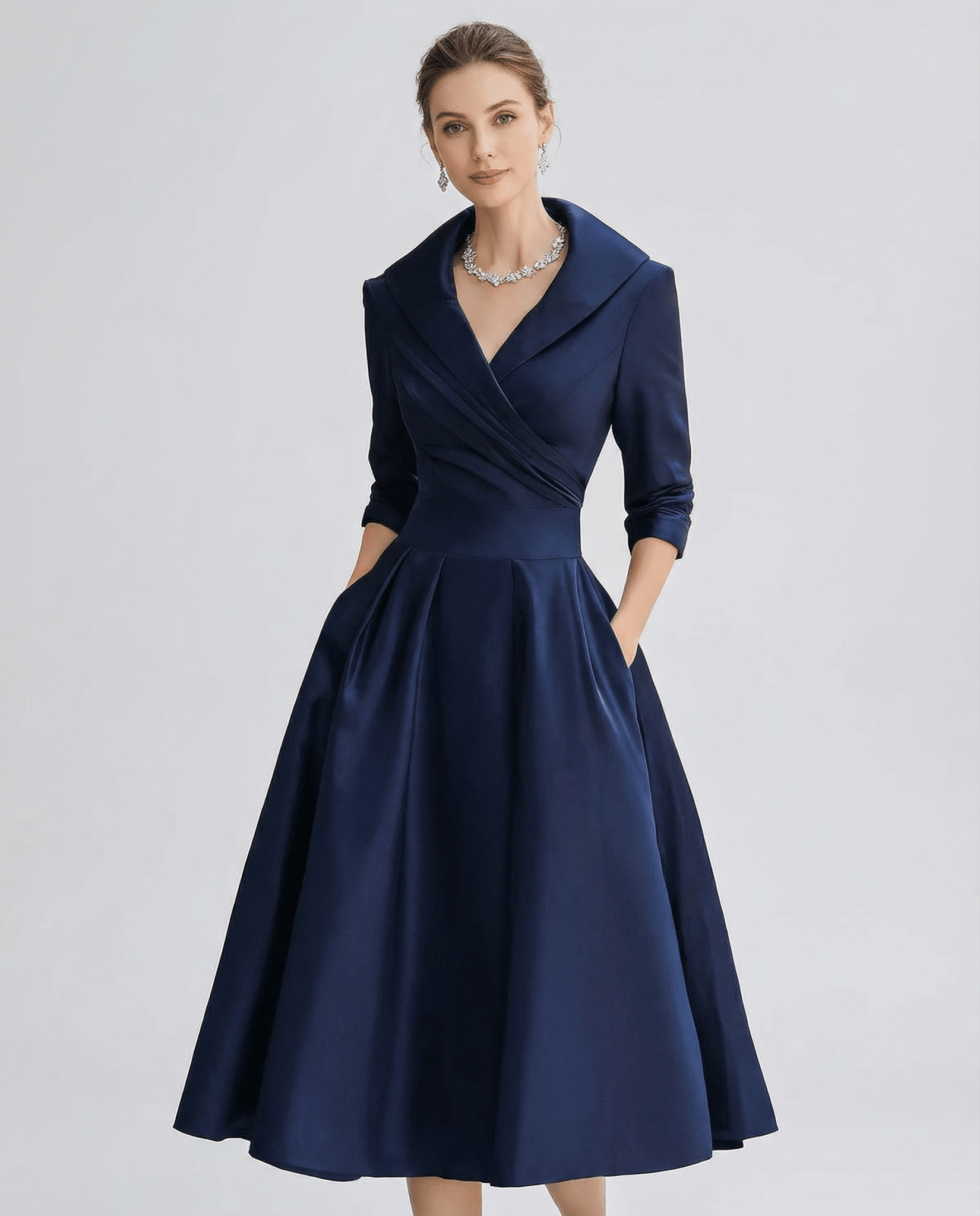 Women's A - Line Dress — Lapel Neckline Cross Pleated Waist - Hudson Harper - Women Midi Dress