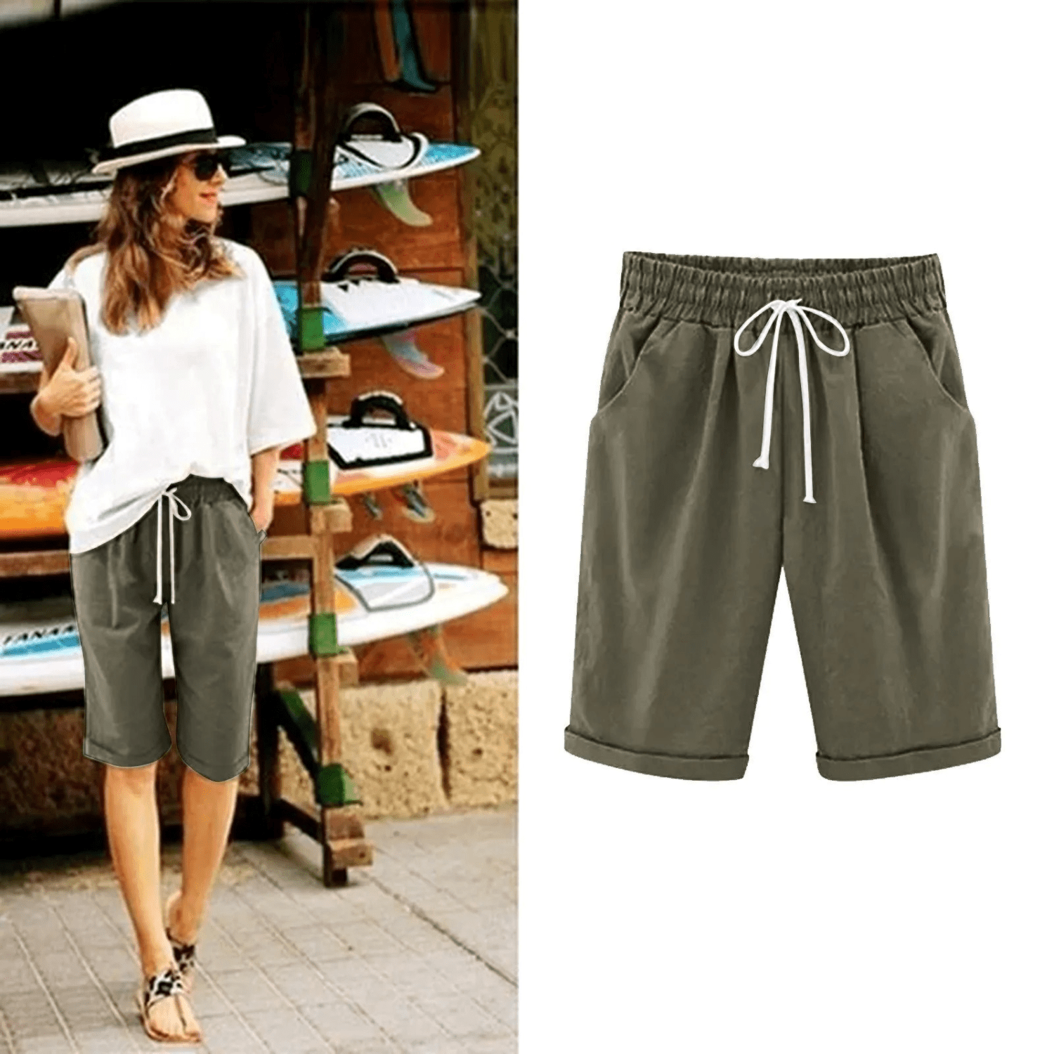 Women's Bermuda Shorts — Drawstring Waist Loose Fit Side Pockets - Hudson Harper - Women Short