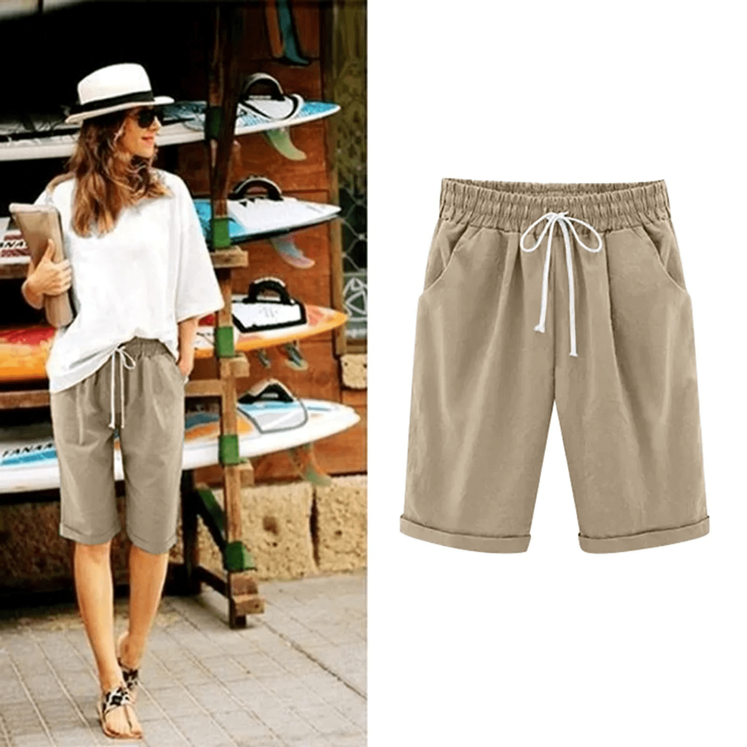 Women's Bermuda Shorts — Drawstring Waist Loose Fit Side Pockets - Hudson Harper - Women Short