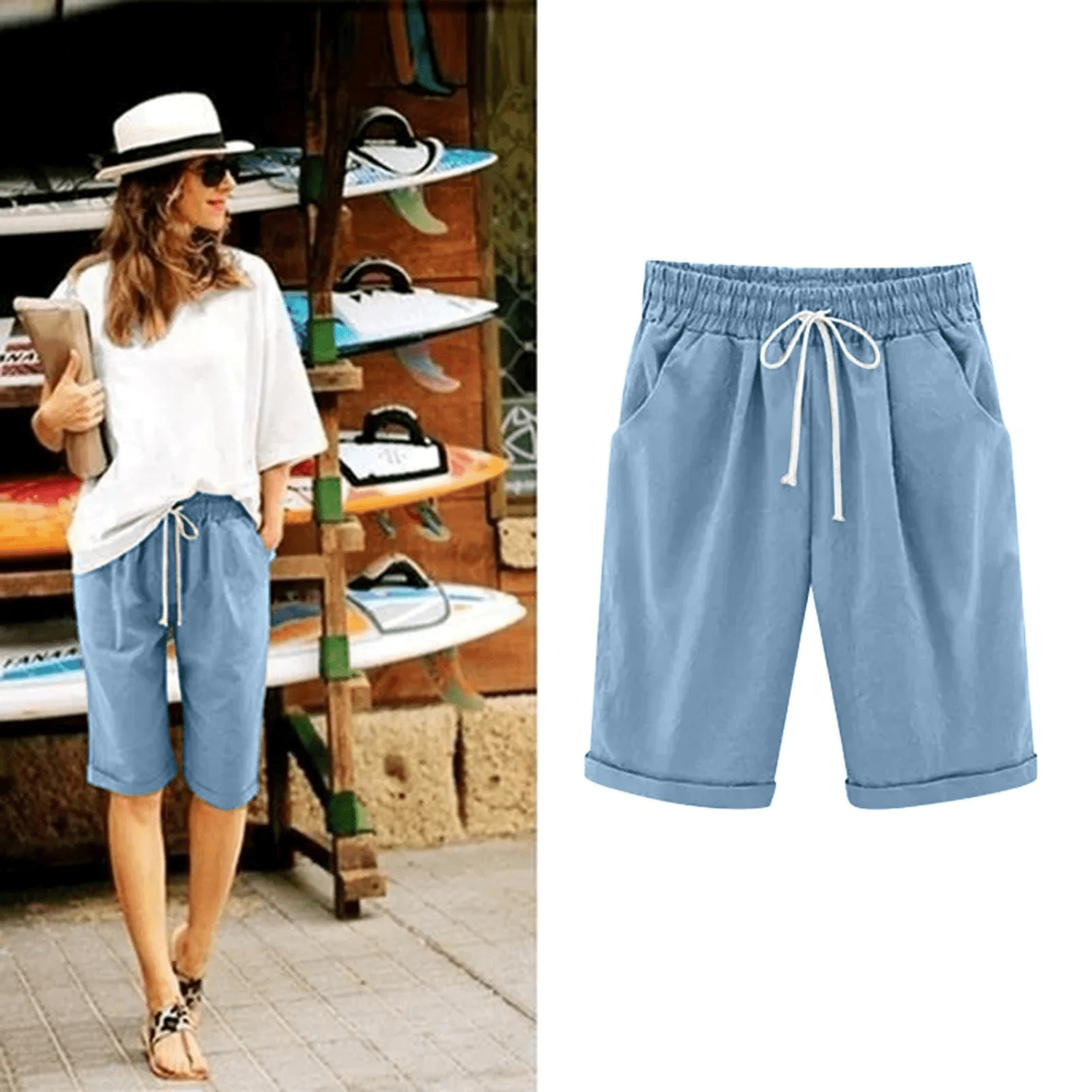 Women's Bermuda Shorts — Drawstring Waist Loose Fit Side Pockets - Hudson Harper - Women Short