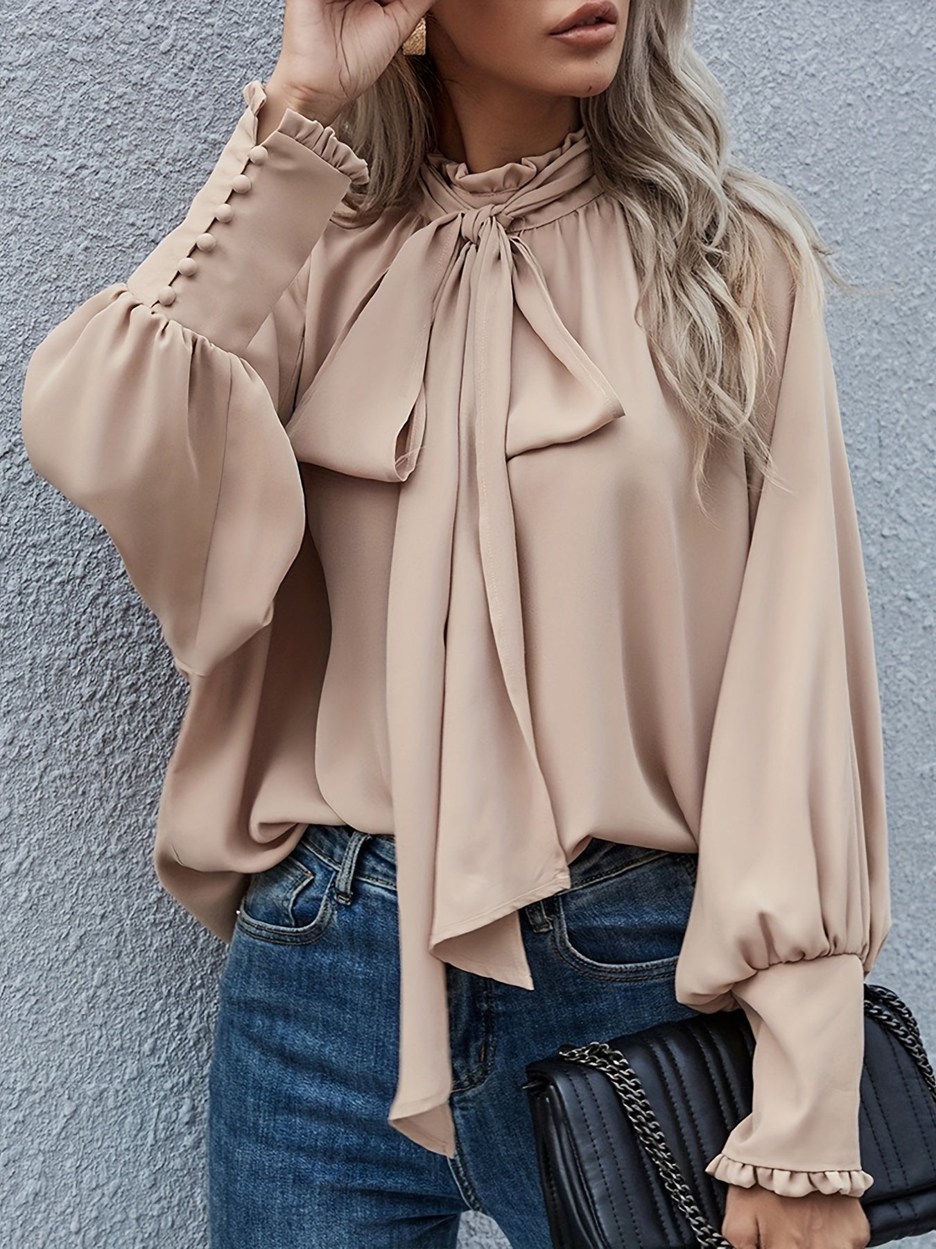 Women's Blouse — Long Sleeve Tie Neck Gathered Sleeves - Hudson Harper - Women Blouse