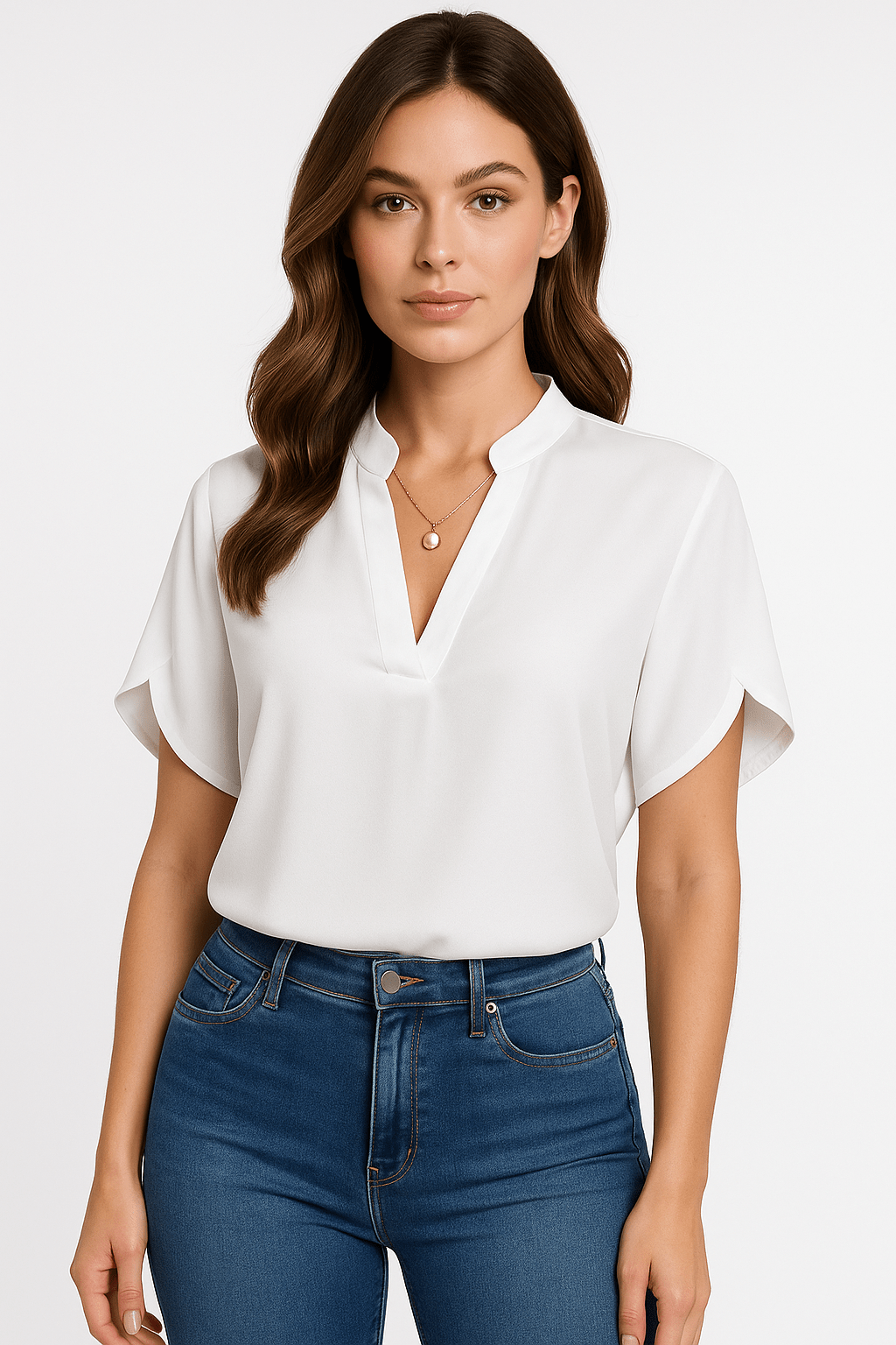 Women's Blouse — V - Neck Mandarin Collar Neckline Detail - Hudson Harper - Women Blouse