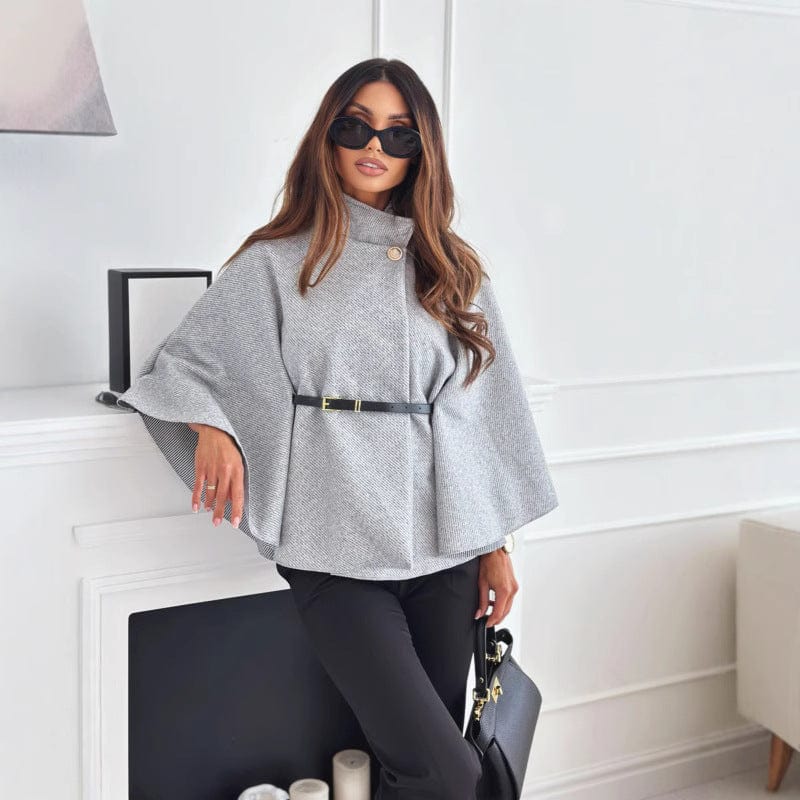 Women's Cape — High Collar Asymmetric Cut Waist Belt Design - Hudson Harper - Women Coat