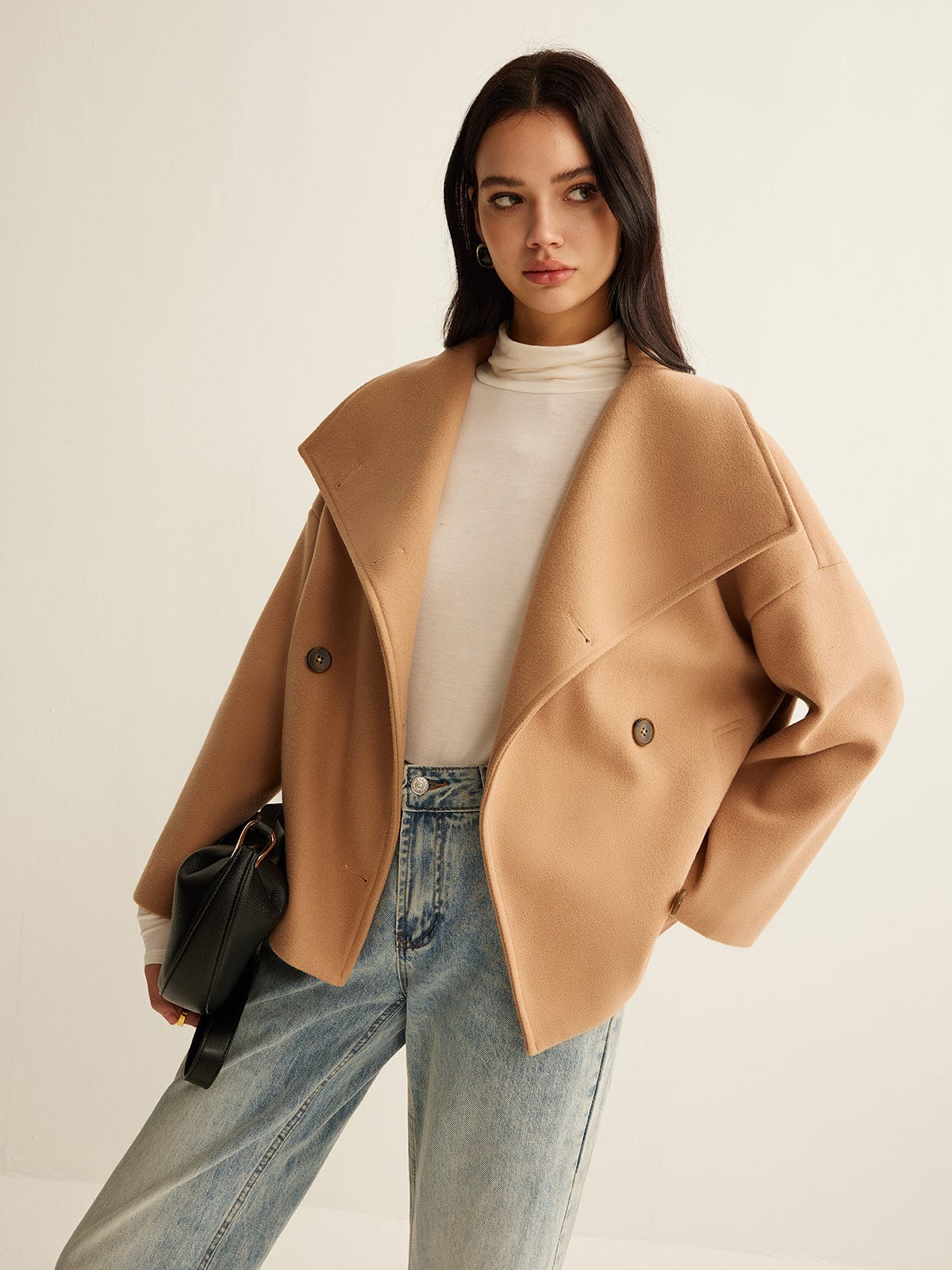 Women's Coat — Cropped Length Loose Fit Double Button Closure - Hudson Harper - Women Coat