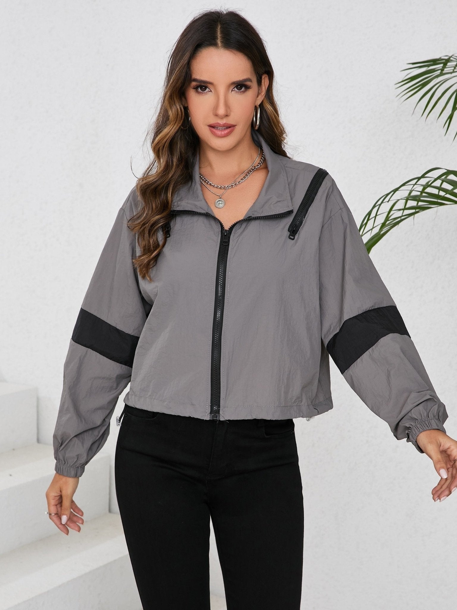 Women's Cropped Jacket Women's Cropped Windbreaker Jacket — Striped Front Zipper Design— Loose Fit Front Button Closure - Hudson Harper - Women Jacket