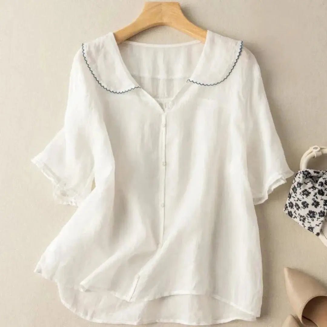 Women's Linen Blouse - Relaxed Fit V - Neck Wavy Hem Detail - Hudson Harper - Women Blouse