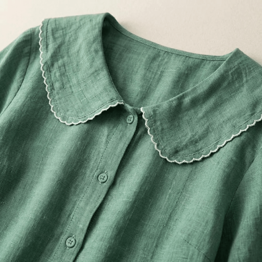 Women's Linen Blouse - Relaxed Fit V - Neck Wavy Hem Detail - Hudson Harper - Women Blouse