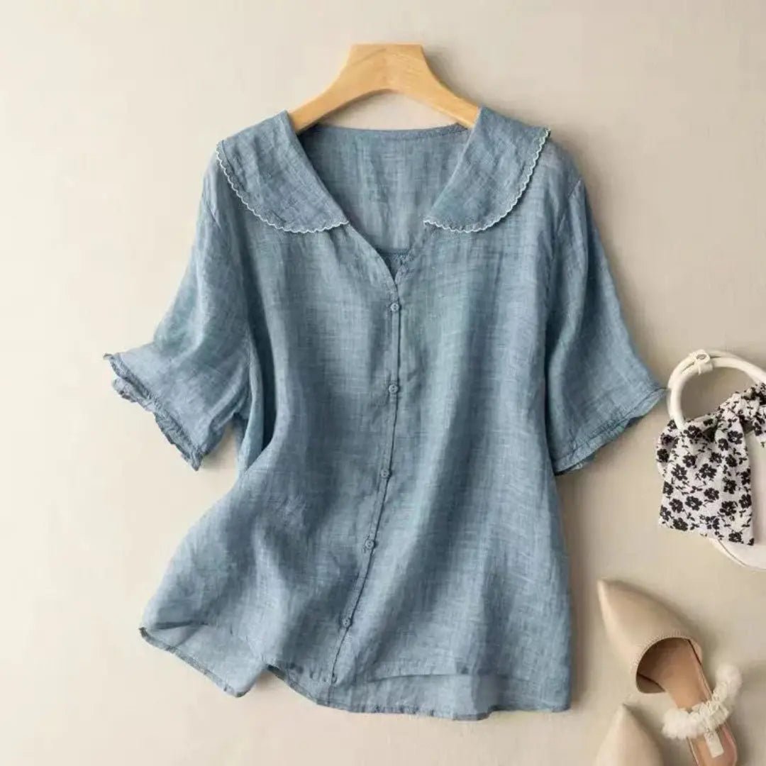 Women's Linen Blouse - Relaxed Fit V - Neck Wavy Hem Detail - Hudson Harper - Women Blouse