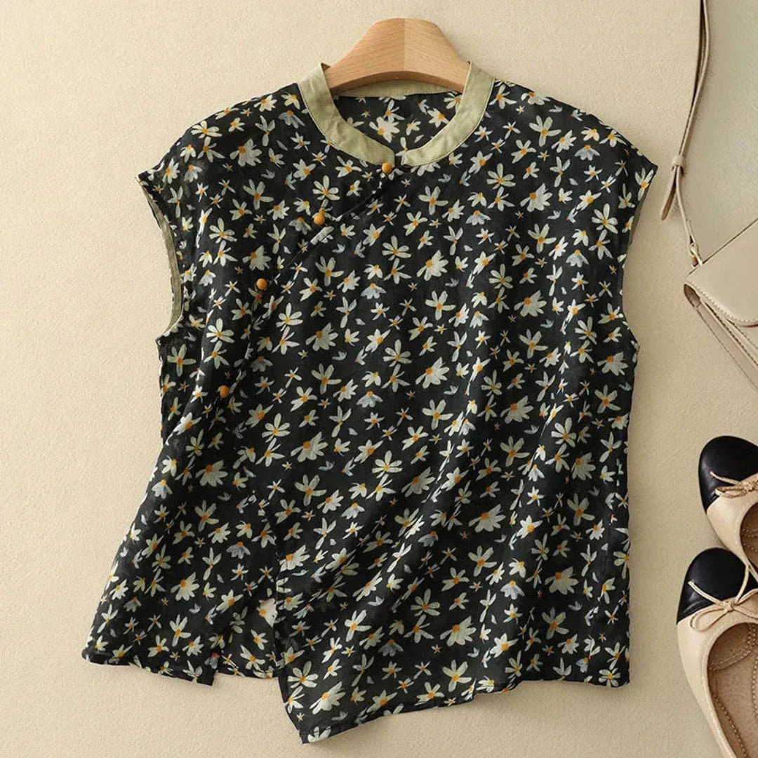 Women's Linen Blouse - Sleeveless Mandarin Collar Button Placket - Hudson Harper - Women Blouse