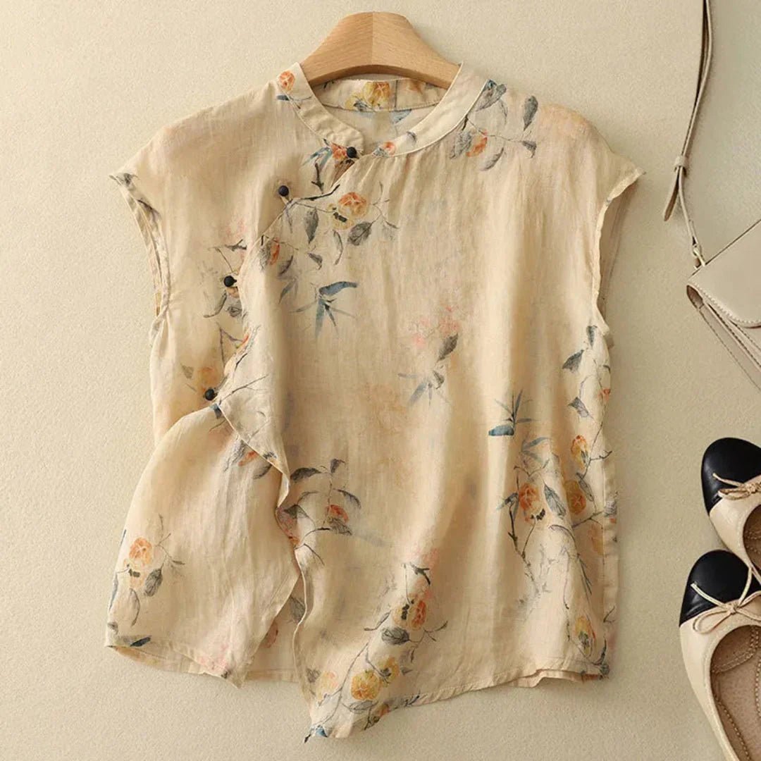 Women's Linen Blouse - Sleeveless Mandarin Collar Button Placket - Hudson Harper - Women Blouse