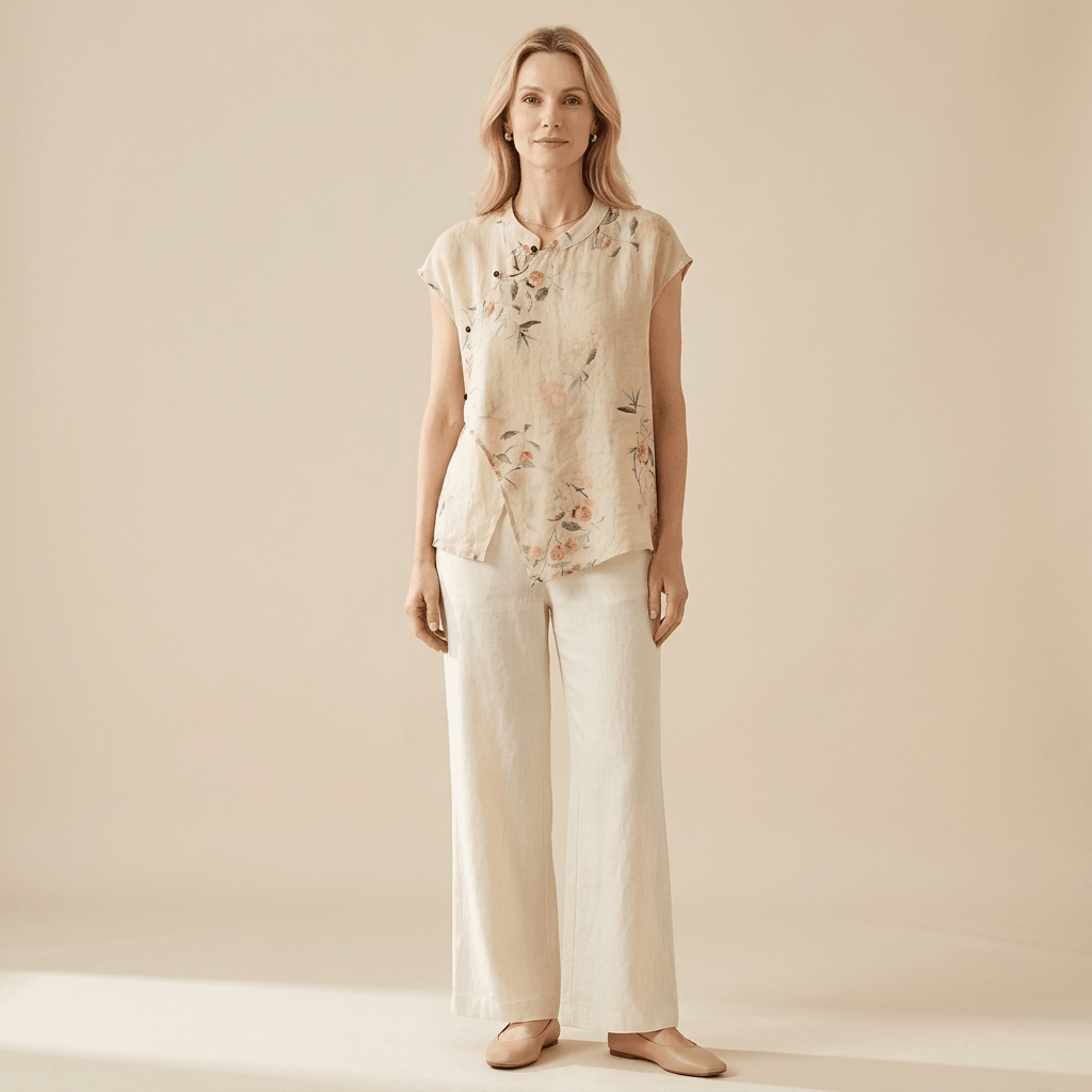 Women's Linen Blouse - Sleeveless Mandarin Collar Button Placket - Hudson Harper - Women Blouse