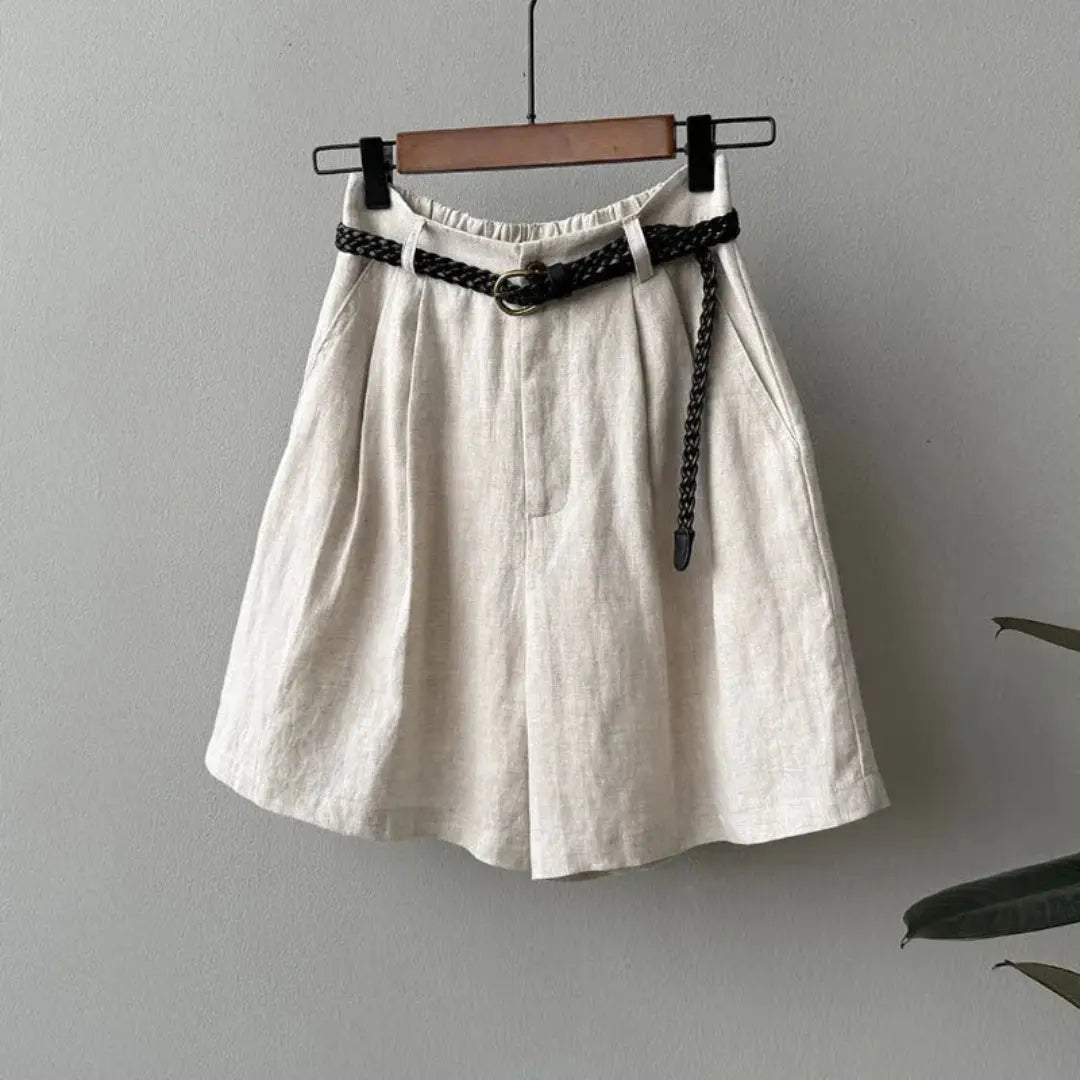 Women's Linen High Waist Pleated Shorts - Elastic Waistband - Hudson Harper - Women Short