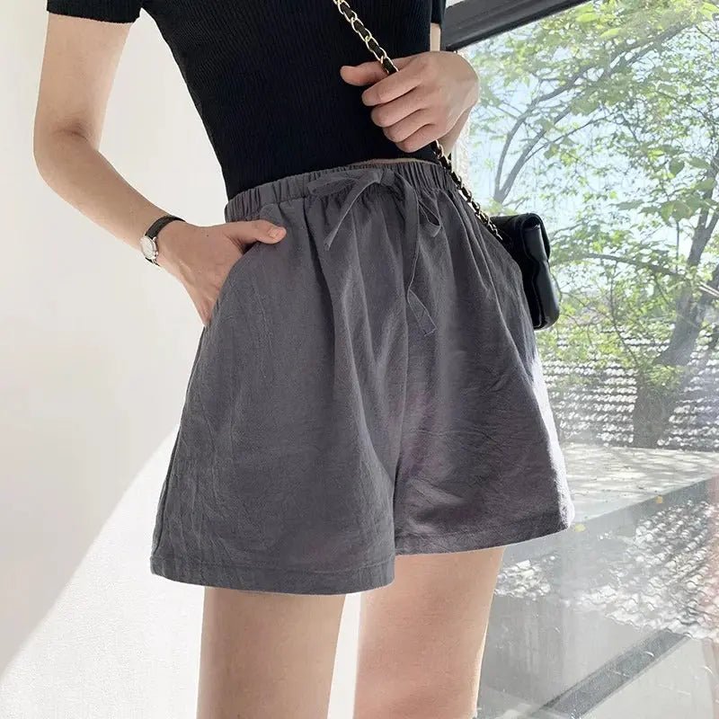 Women's Linen High Waist Shorts - Drawstring Closure Relaxed Fit - Hudson Harper - Women Short